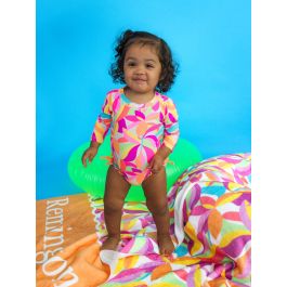 Neon Tropical Adventure Long Sleeve One Piece Rash Guard Swimsuit, with Signature Rear Ruffles