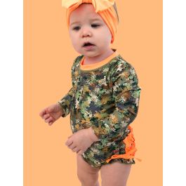 Classic Camo Long Sleeve One Piece Rash Guard Swimsuit, with Signature Rear Ruffles