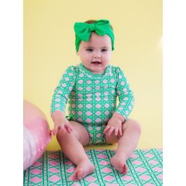Pink Coastal Cane Long Sleeve One Piece Rash Guard Swimsuit, with Signature Rear Ruffles