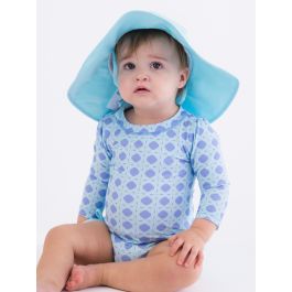 Periwinkle Blue Coastal Cane Long Sleeve One Piece Rash Guard Swimsuit, with Signature Rear Ruffles