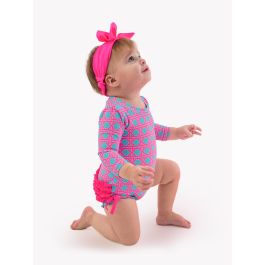 Neon Sorbet Cane Long Sleeve One Piece Rash Guard Swimsuit, with Signature Rear Ruffles