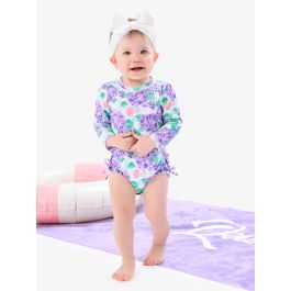 Purple Hydrangea Garden Long Sleeve One Piece Rash Guard Swimsuit, with Signature Rear Ruffles