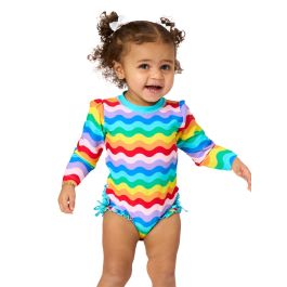 Rainbow Wavy Stripe Long Sleeve One Piece Rash Guard Swimsuit, with Signature Rear Ruffles
