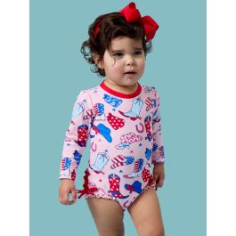 Pink Stars & Spurs Long Sleeve One Piece Rash Guard Swimsuit, with Signature Rear Ruffles