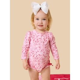 Pink Bandana Long Sleeve One Piece Rash Guard Swimsuit, with Signature Rear Ruffles