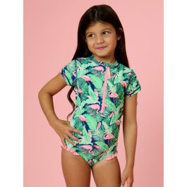 Flamingo Frenzy Girls Short Sleeve One Piece Rash Guard