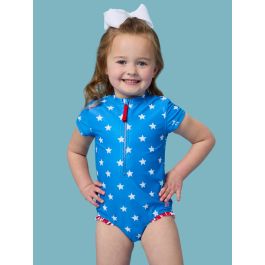 Shimmer Stars & Stripes Girls Short Sleeve One Piece Rash Guard Swimsuit