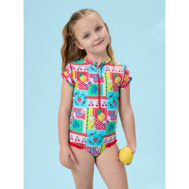 Picnic Party Short Sleeve Rash Guard One Piece Swimsuit
