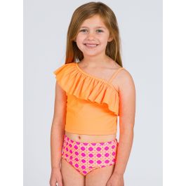 Neon Sherbet Cane One Shoulder Ruffle Tankini 2-Piece Swimsuit, with Signature Rear Ruffles