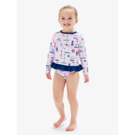 Pink Sweet Sails Long Sleeve Rash Guard 2-Piece Swimsuit, with Signature Rear Ruffles