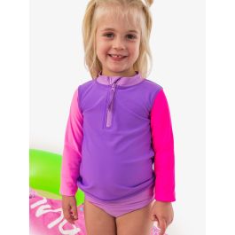 Neon Purple Color Block Long Sleeve Zipper Rash Guard 2-Piece Swimsuit, with Signature Rear Ruffles