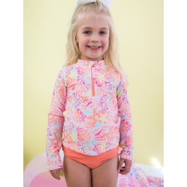 Sunset Seashells Long Sleeve Zipper Rash Guard 2-Piece Swimsuit, with Signature Rear Ruffles