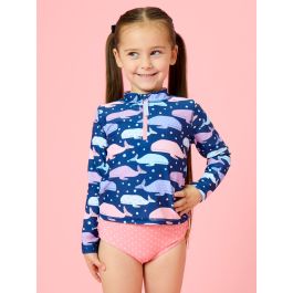 Whale Harbor Long Sleeve Zipper Rash Guard 2-Piece Swimsuit, with Signature Rear Ruffles
