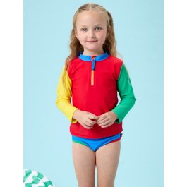 Primary Color Block Long Sleeve Zipper Rash Guard 2-Piece Swimsuit, with Signature Rear Ruffles