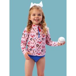Pink Stars & Strikes Long Sleeve Zipper Rash Guard 2-Piece Swimsuit, with Signature Rear Ruffles