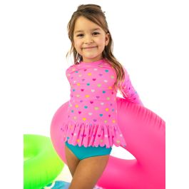 Neon Pink Colorful Hearts Scallop Hem Long Sleeve Rash Guard 2-Piece, with Signature Rear Ruffles