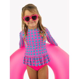 Neon Sorbet Cane Scallop Hem Long Sleeve Rash Guard 2-Piece, with Signature Rear Ruffles