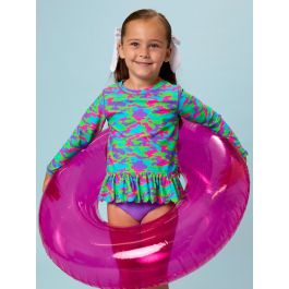 Neon Camo Scallop Hem Long Sleeve Rash Guard 2-Piece, with Signature Rear Ruffles