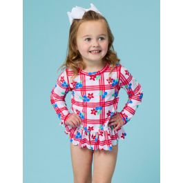Red, White, & Blueberry Scallop Hem Long Sleeve Rash Guard 2-Piece, with Signature Rear Ruffles