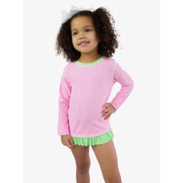 Neon Pink Seersucker Seersucker Long Sleeve Rash Guard 2-Piece Swimsuit, with Signature Rear Ruffles