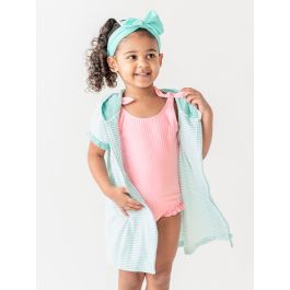 Pink Seersucker Tie Shoulder One Piece Swimsuit