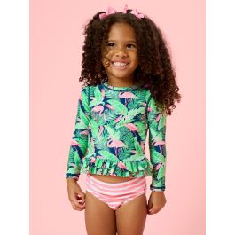 Flamingo Frenzy Ruffle Hem Rash Guard 2-Piece