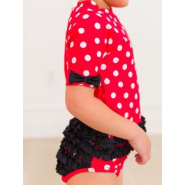 Red Vintage Polka Dot Classic Bow Short Sleeve Rash Guard Bikini