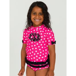 Hot Pink Polka Dot Classic Bow Short Sleeve Rash Guard 2-Piece Swimsuit, with Signature Rear Ruffles