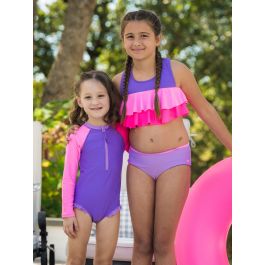 Neon Purple Color Block Flounce Bikini 2-Piece Swimsuit