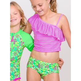 Neon Floral Girls One Shoulder Ruffle Tankini