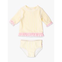 Banana Seersucker Short Sleeve Ruffle Rash Guard Bikini