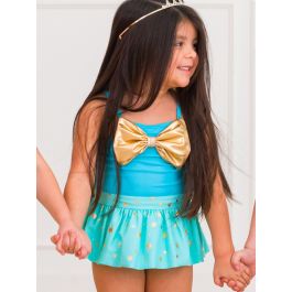 Teal Golden Princess Big Bow Skirted One Piece Swimsuit