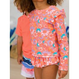 Coral Floral Skirted Flutter Long Sleeve Rash Guard Bikini