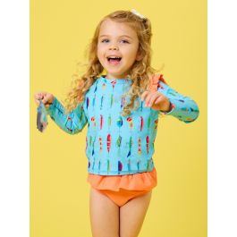 Gone Fishin Flutter Long Sleeve Rash Guard Skirted 2-Piece Swimsuit