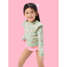 Sage Blossom Camo Flutter Long Sleeve Rash Guard Skirted 2-Piece Swimsuit