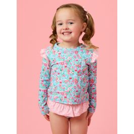 Blue Floral Peppa Pig Flutter Long Sleeve Rash Guard Skirted 2-Piece Swimsuit