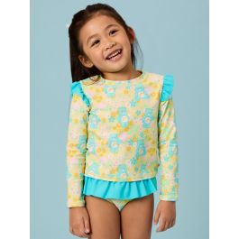 Banana Floral Care Bears Flutter Long Sleeve Rash Guard Skirted 2-Piece Swimsuit