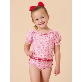 Pink Bandana Puff Sleeve Ruffle Tankini 2-Piece Swimsuit