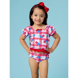 Red, White, & Blueberry Puff Sleeve Ruffle Tankini 2-Piece Swimsuit