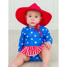 Shimmer Stars & Stripes Long Sleeve Skirted One Piece Rash Guard Swimsuit