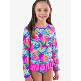 Neon Ocean Coral Long Sleeve Rash Guard 2-Piece Swimsuit