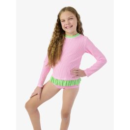 Neon Pink Seersucker Seersucker Long Sleeve Rash Guard 2-Piece Swimsuit
