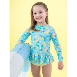 Blooming Basket Scallop Hem Long Sleeve Rash Guard 2-Piece Swimsuit