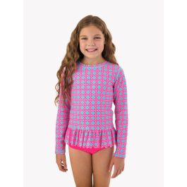 Neon Sorbet Cane Scallop Hem Long Sleeve Rash Guard 2-Piece Swimsuit