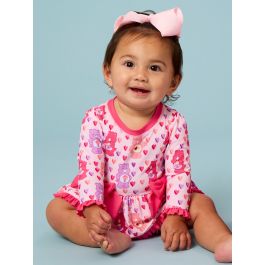 Pink Heart Care Bears Long Sleeve One Piece Bow Peplum Rash Guard Swimsuit, with Signature Rear Ruffles