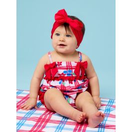 Red, White, & Blueberry One Piece Bow Bubble Romper Swimsuit, with Signature Rear Ruffles