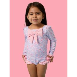 Lavender Floral Princess Big Bow Ruffle Long Sleeve Rash Guard One Piece Swimsuit