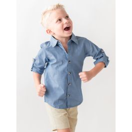 Blue Chambray Long Sleeve Button Down Shirt - 5