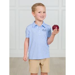 Classic Periwinkle Blue Gingham Knit Short Sleeve Performance Polo