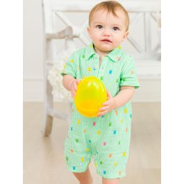Green Bunny Stripe Cotton Gauze Button-Up Romper